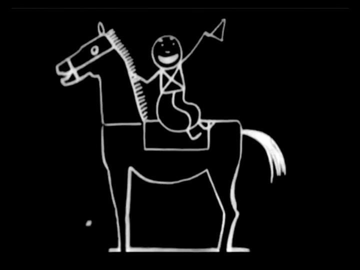 White line drawing of a stick figure riding a horse on a black background, from Fantasmagorie