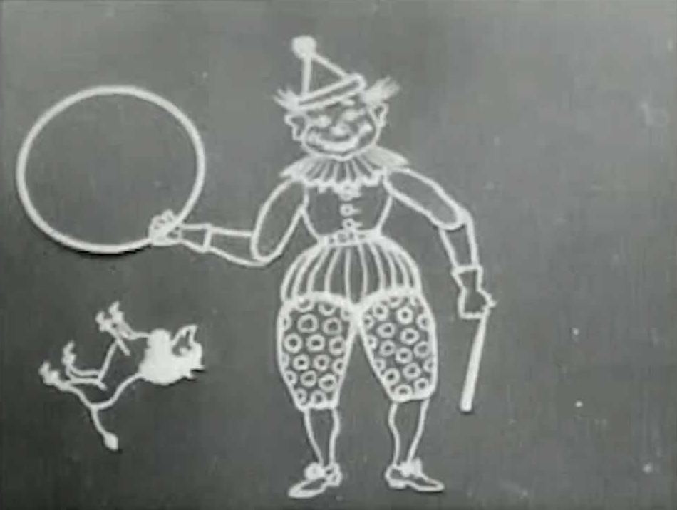 Chalk-style clown and dog drawn in white lines, from Humorous Phases of Funny Faces