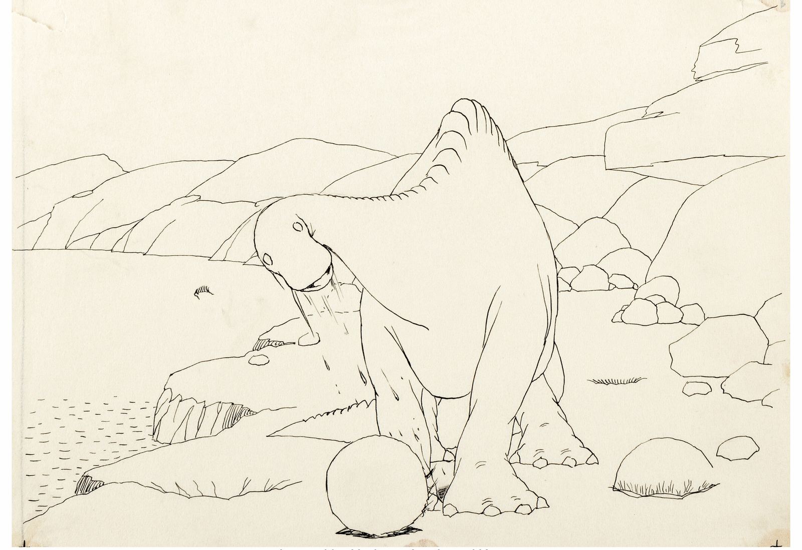 Original 1914 ink drawing of Gertie the Dinosaur next to a round boulder