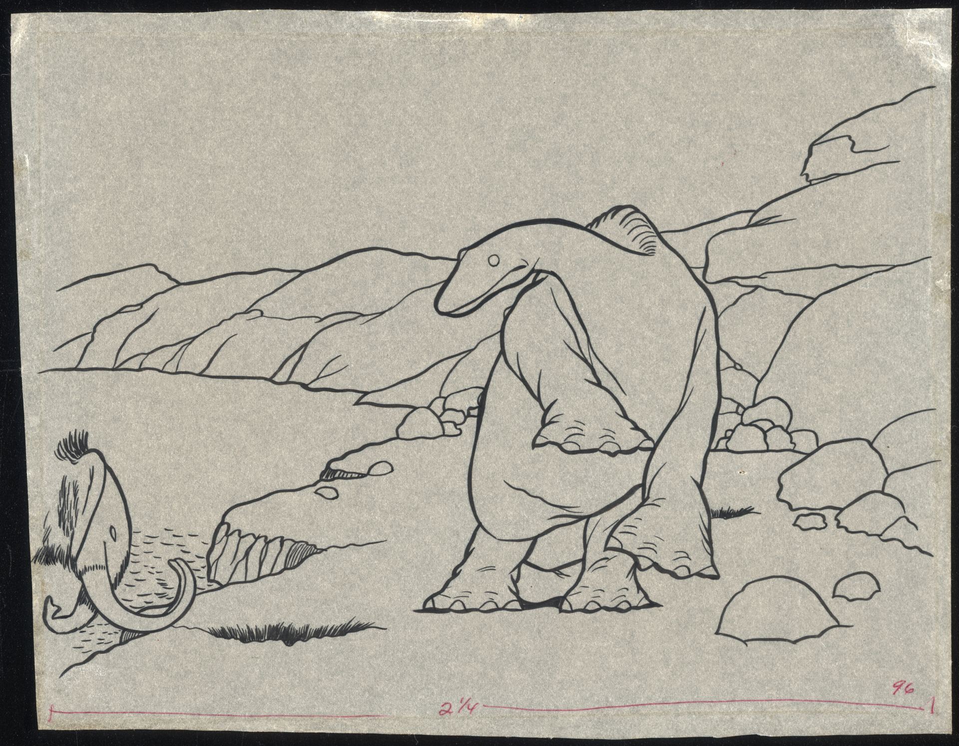 Original 1914 pen drawing of Gertie the Dinosaur standing on a rocky shore