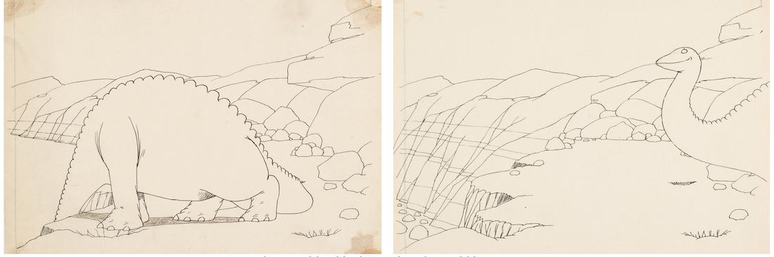 Two original drawings from Gertie the Dinosaur showing slightly different poses